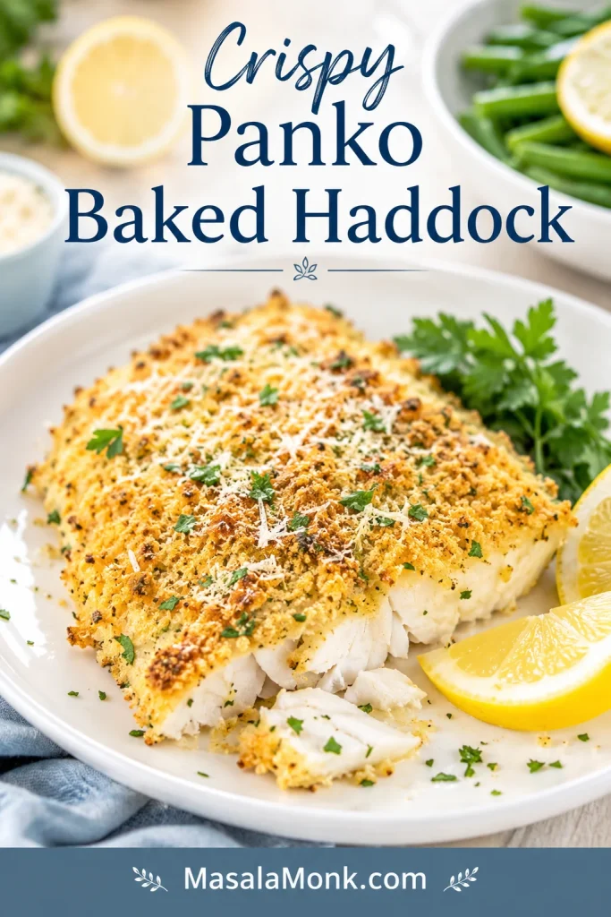Panko Parmesan baked haddock with a crisp golden crust, lemon wedge, and parsley garnish on a plate.