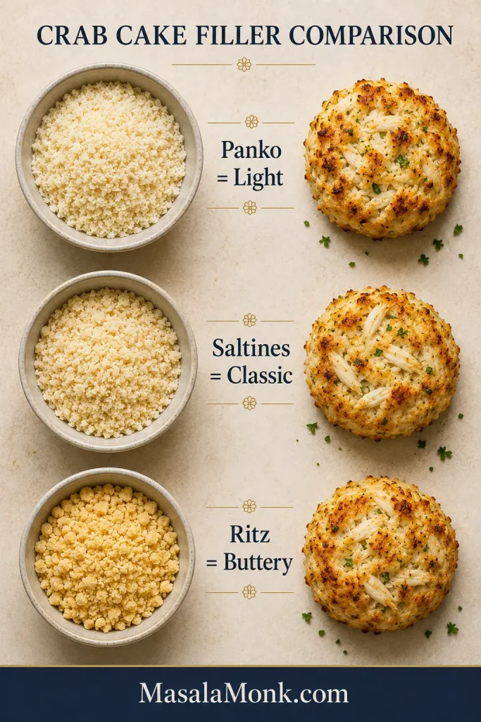 Comparison board showing panko, saltines, and Ritz crackers for crab cake filler.