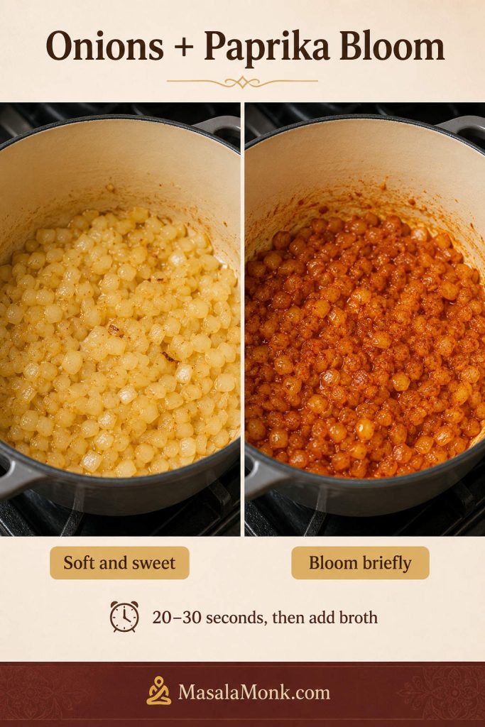 Two-panel guide showing softened onions on one side and paprika blooming with onions on the other side.