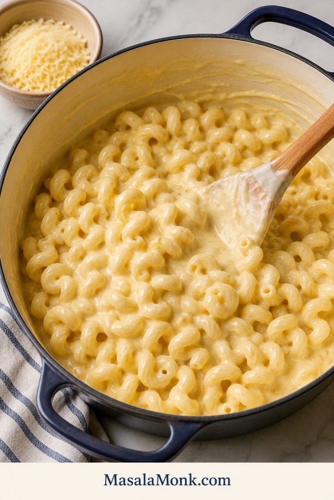 Cavatappi pasta being folded into creamy cheese sauce in a pot before lobster is added.