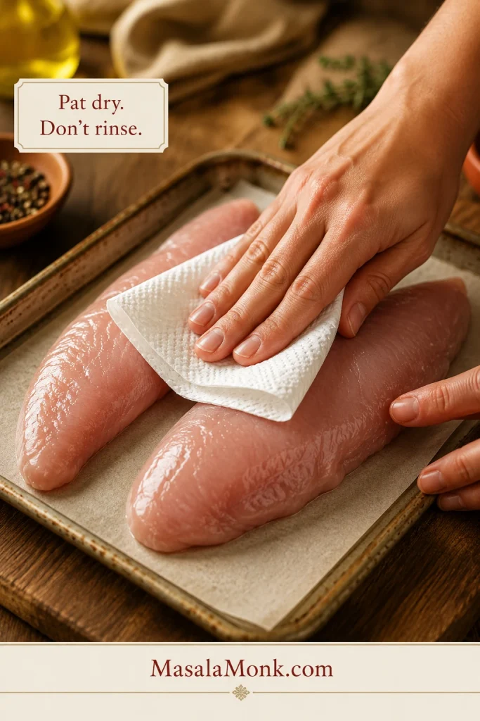 Turkey tenderloins being patted dry with paper towels before seasoning.