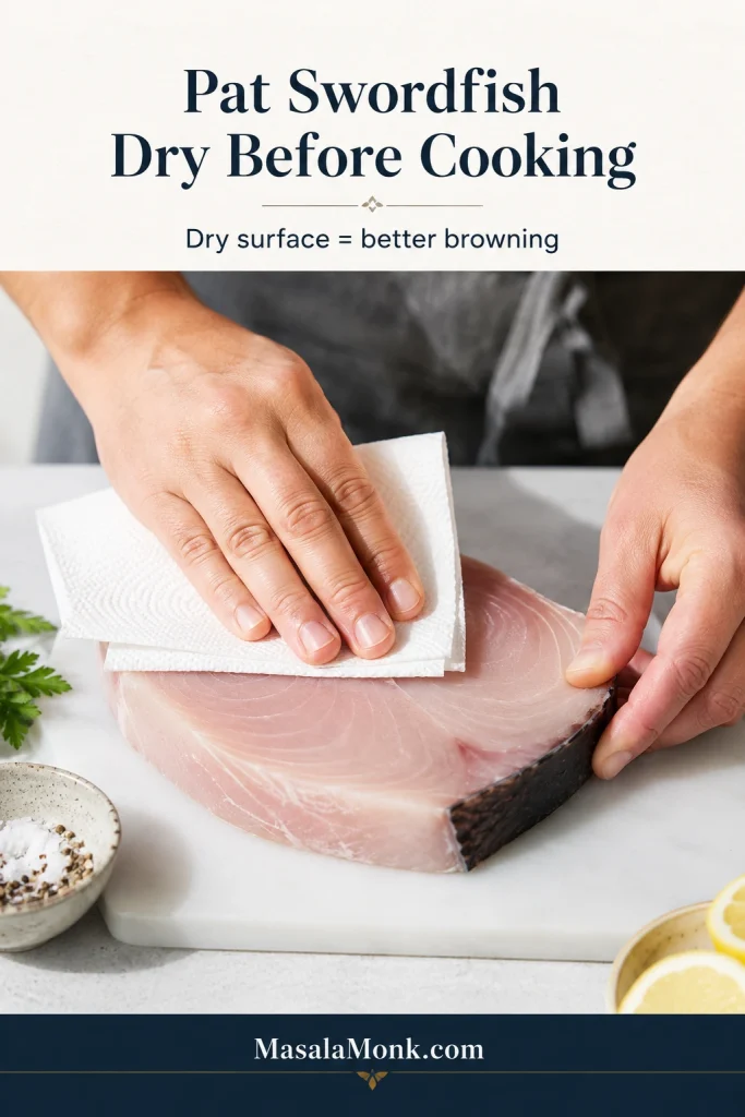 Hands patting a raw swordfish steak dry with a paper towel on a clean prep surface.