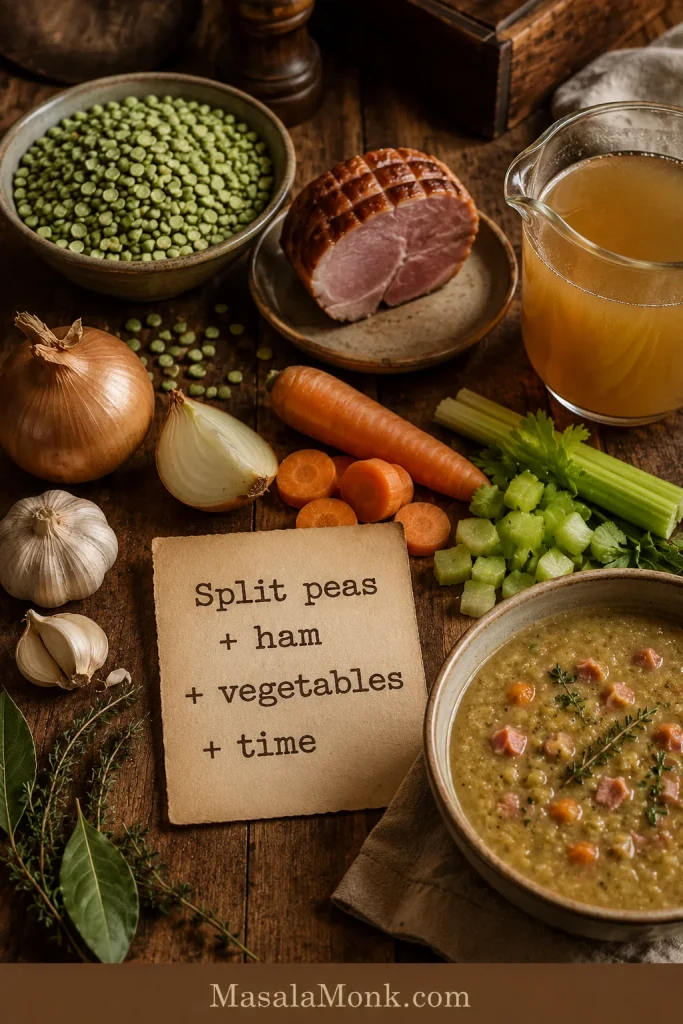 Pea and ham soup ingredients arranged with the text “Split peas + ham + vegetables + time.”
