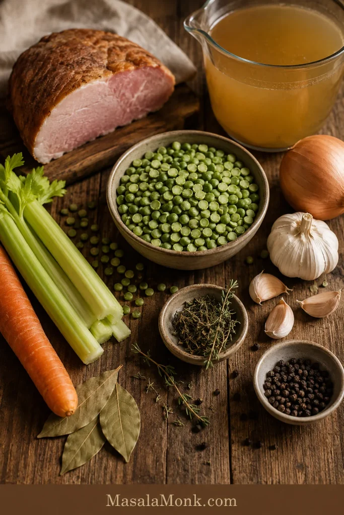 Dried green split peas, ham, onion, carrot, celery, garlic, herbs, black pepper, and stock arranged on a rustic surface.