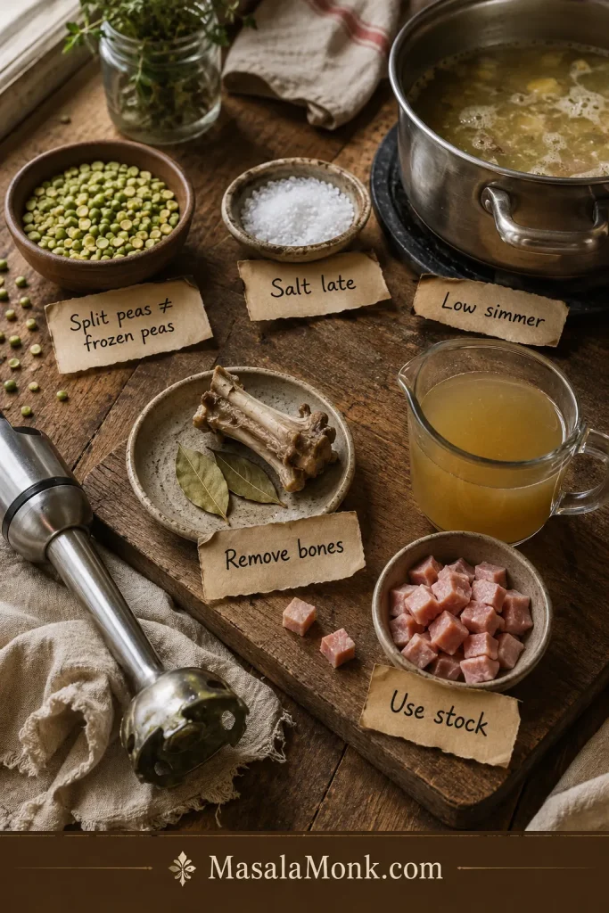 Pea and ham soup mistake board with labels for salting late, removing bones, using split peas, low simmer, and stock.