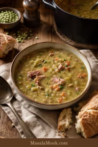 Bowl of thick pea and ham soup with shredded ham, black pepper, parsley, crusty bread, and a spoon on a rustic table.