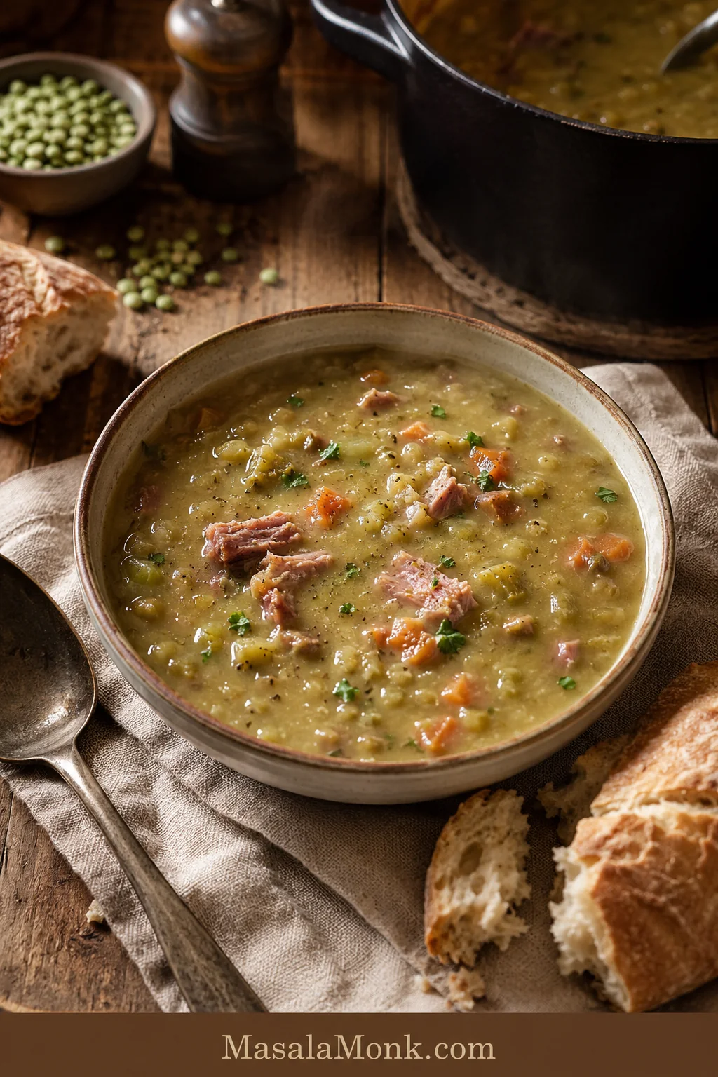 Bowl of thick pea and ham soup with shredded ham, black pepper, parsley, crusty bread, and a spoon on a rustic table.