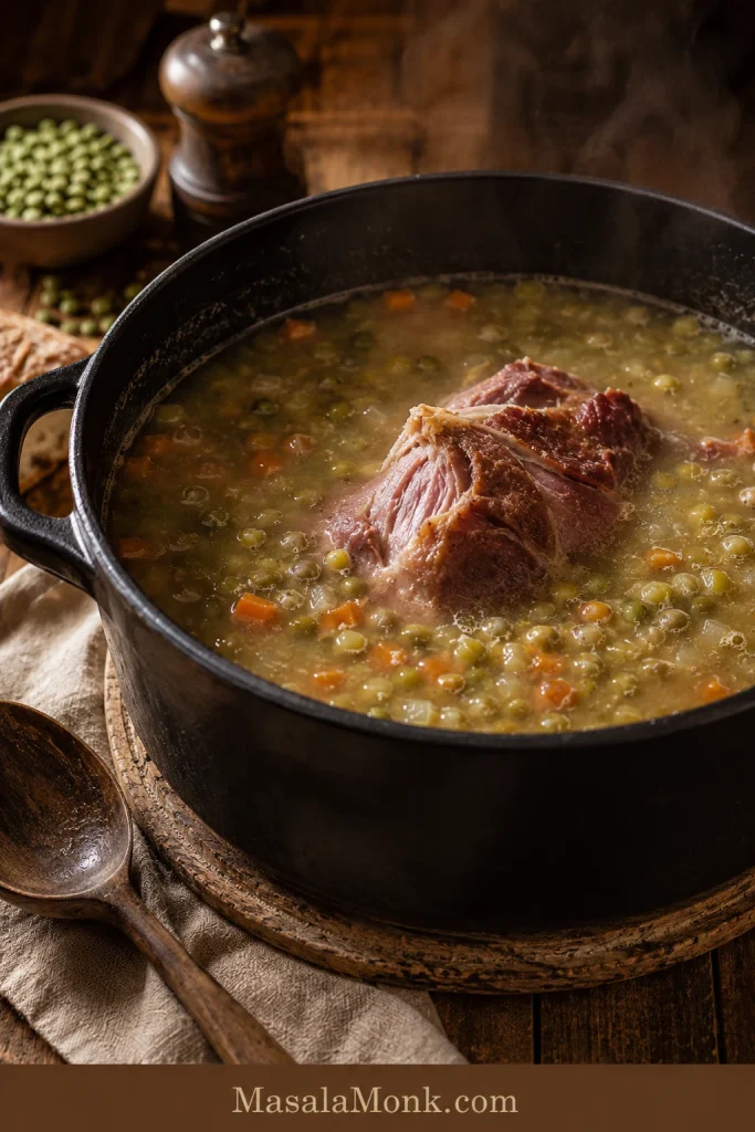 Pea and ham soup simmering in a Dutch oven with ham, split peas, carrots, celery, and broth visible.