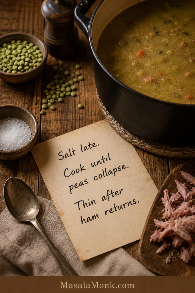 Rustic note card beside soup ingredients with the rules “Salt late. Cook until peas collapse. Thin after ham returns.”