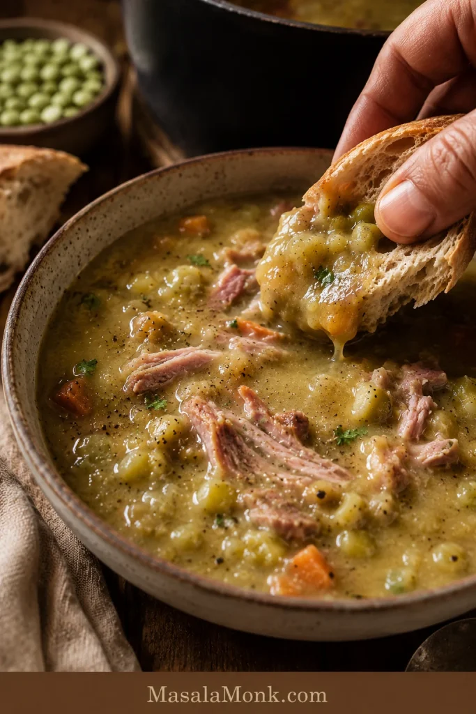 Thick pea and ham soup served with crusty bread dipping into the bowl.
