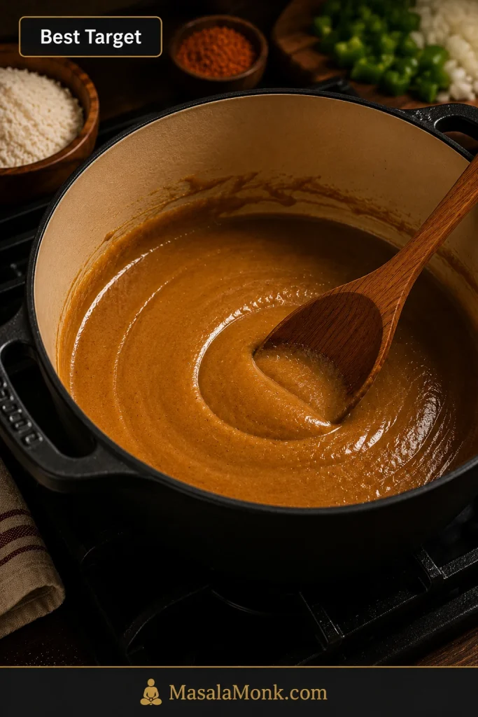 Peanut-butter-colored roux in a heavy pot with a wooden spoon trail