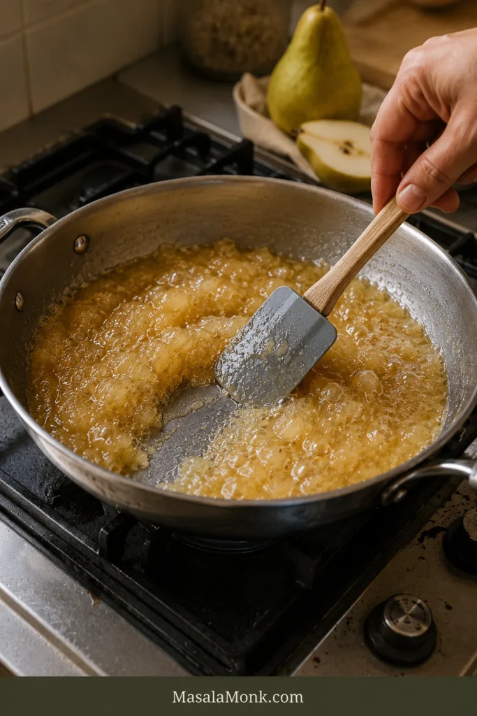 Pale-gold pear mixture bubbling in a wide stainless-steel pan while a wooden spatula stirs through the fruit.