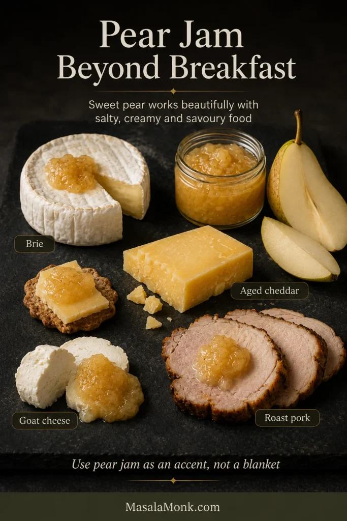Pear jam paired with Brie, aged cheddar, goat cheese, sliced roast pork and fresh pear on a dark board.