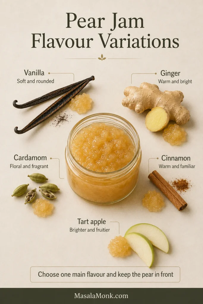 Pear jam surrounded by vanilla, ginger, cardamom, cinnamon and tart apple, showing five flavour variation options.