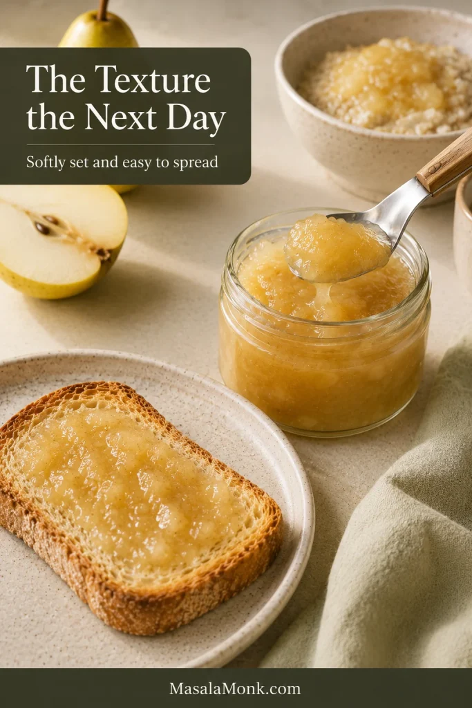 Soft pear jam lifted from an open jar beside a thin layer spread on toast and fresh pears.