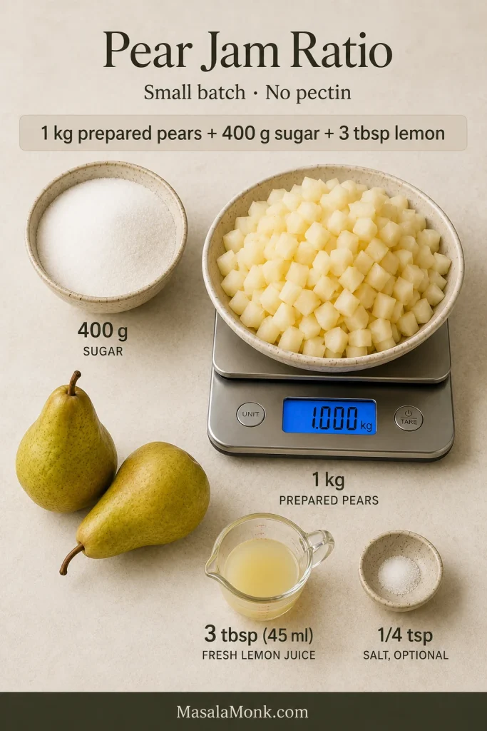 One kilogram of prepared diced pears on a digital scale beside sugar, lemon juice, salt and whole pears.