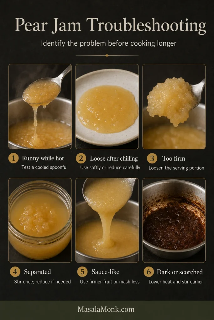 Six panels compare runny hot jam, loose chilled jam, firm jam, separation, sauce-like texture and scorching.