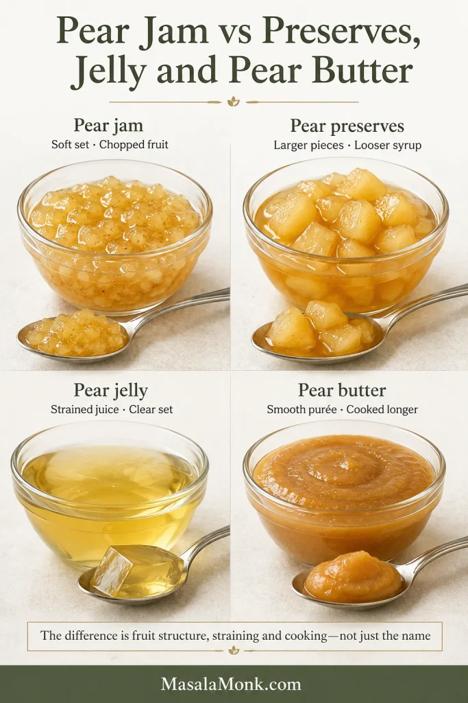 Four glass bowls compare pear jam, preserves with large fruit pieces, clear pear jelly and smooth pear butter.