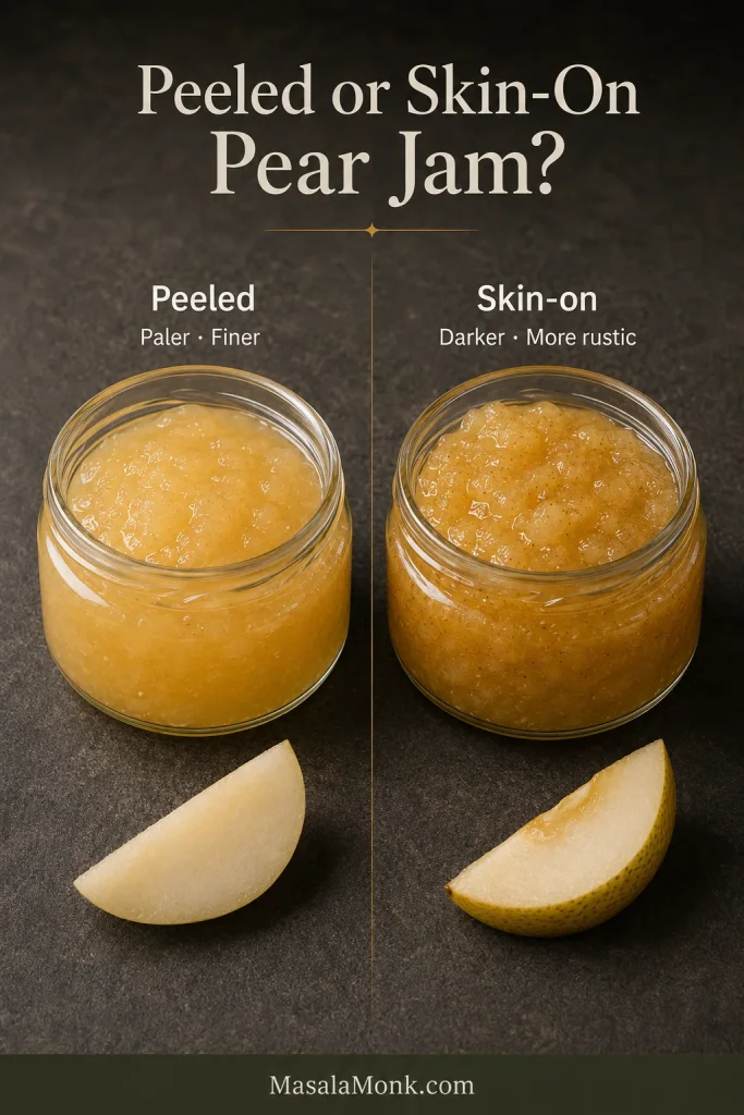 Matching jars compare pale peeled-pear jam with darker skin-on pear jam containing small peel flecks.