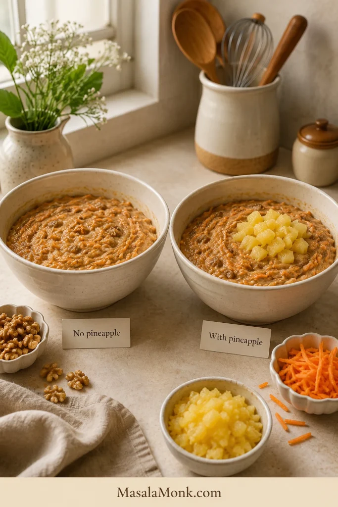 Two carrot cake batter bowls comparing a classic batter with a version that includes drained crushed pineapple.