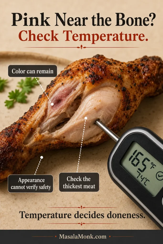 Cooked chicken drumstick opened near the bone with a small pink area, plus a thermometer reading showing a safe internal temperature.