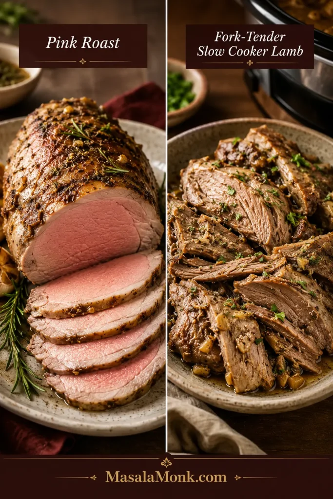 Split image comparing pink sliced roast leg of lamb with fully cooked fork-tender slow cooker lamb.