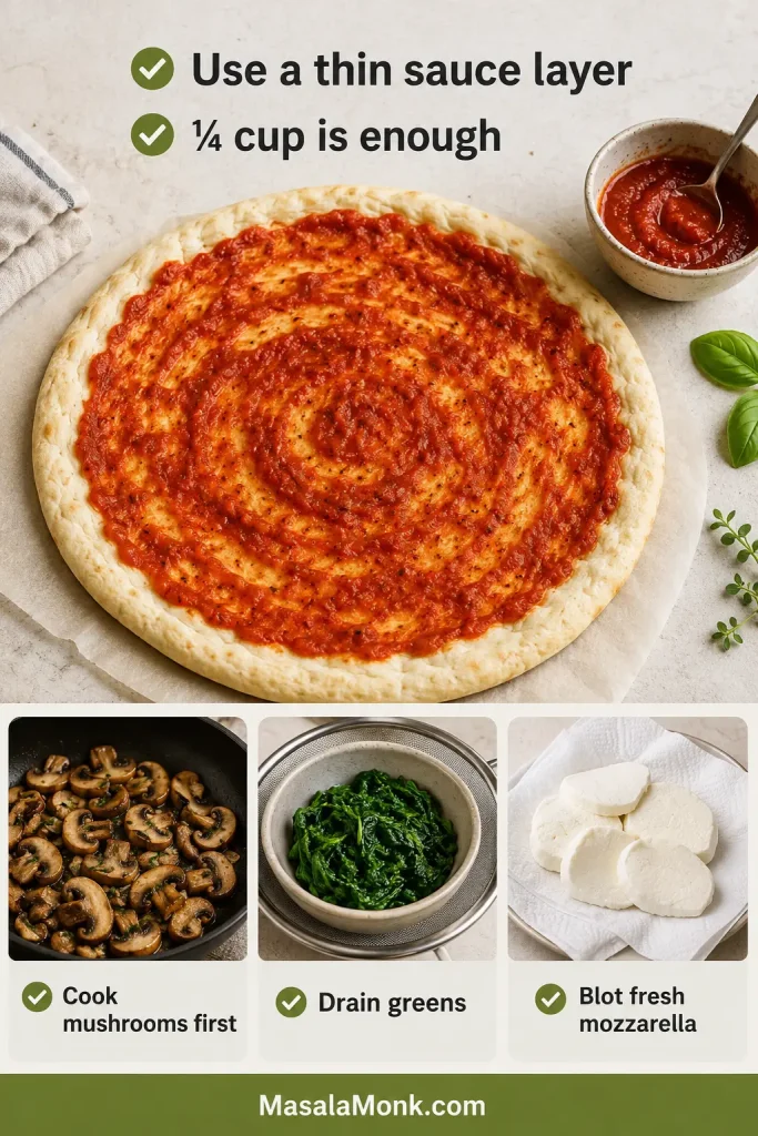 Pizza prep guide showing thin tomato sauce on crust with cooked mushrooms, drained greens and blotted mozzarella.