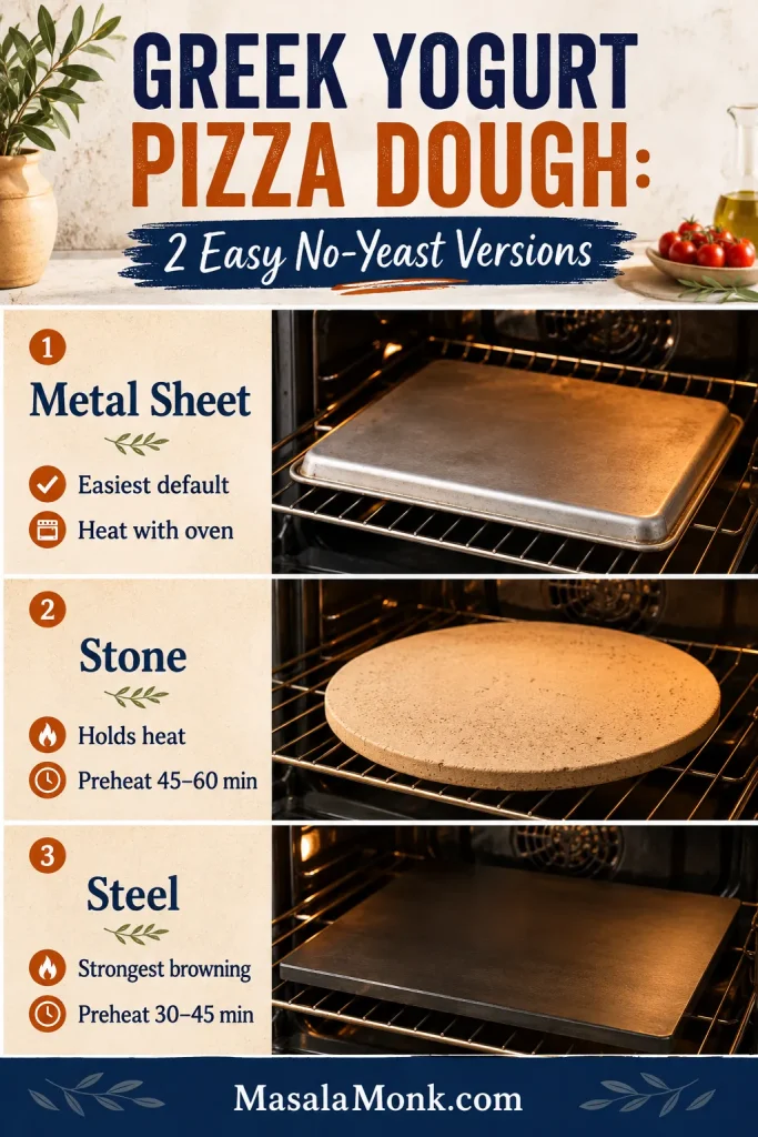Three-panel guide comparing an inverted metal baking sheet, pizza stone and pizza steel for baking pizza crust.