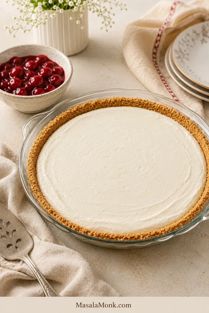 Plain chilled cream cheese pie in a graham cracker crust with cherry topping waiting in a bowl nearby.