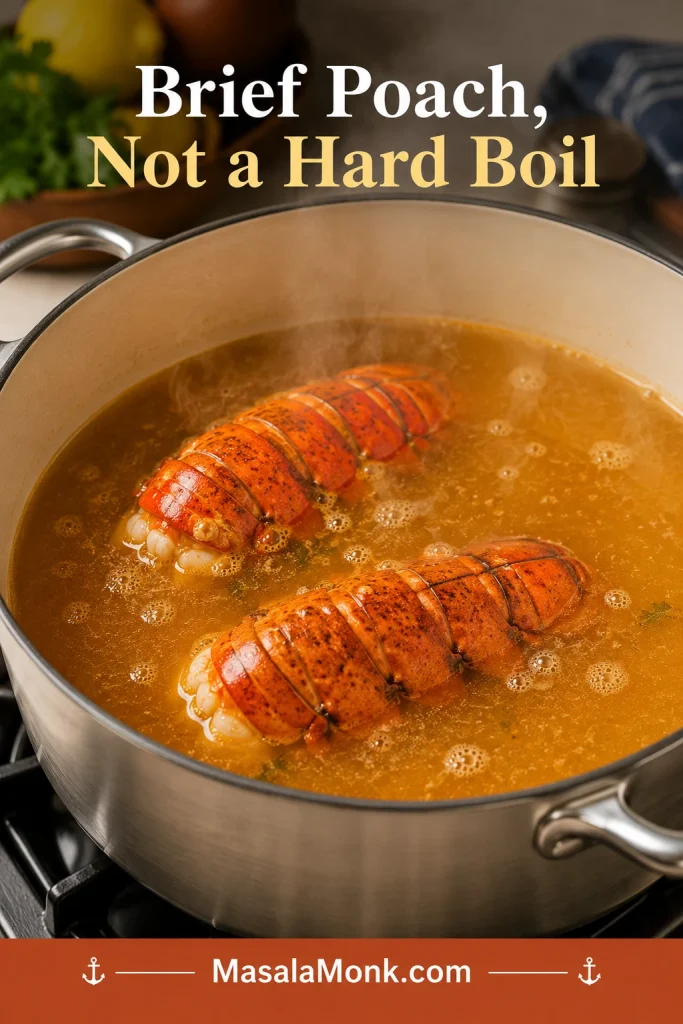 Lobster tails poaching gently in golden seafood stock inside a pot with steam and a low simmer.