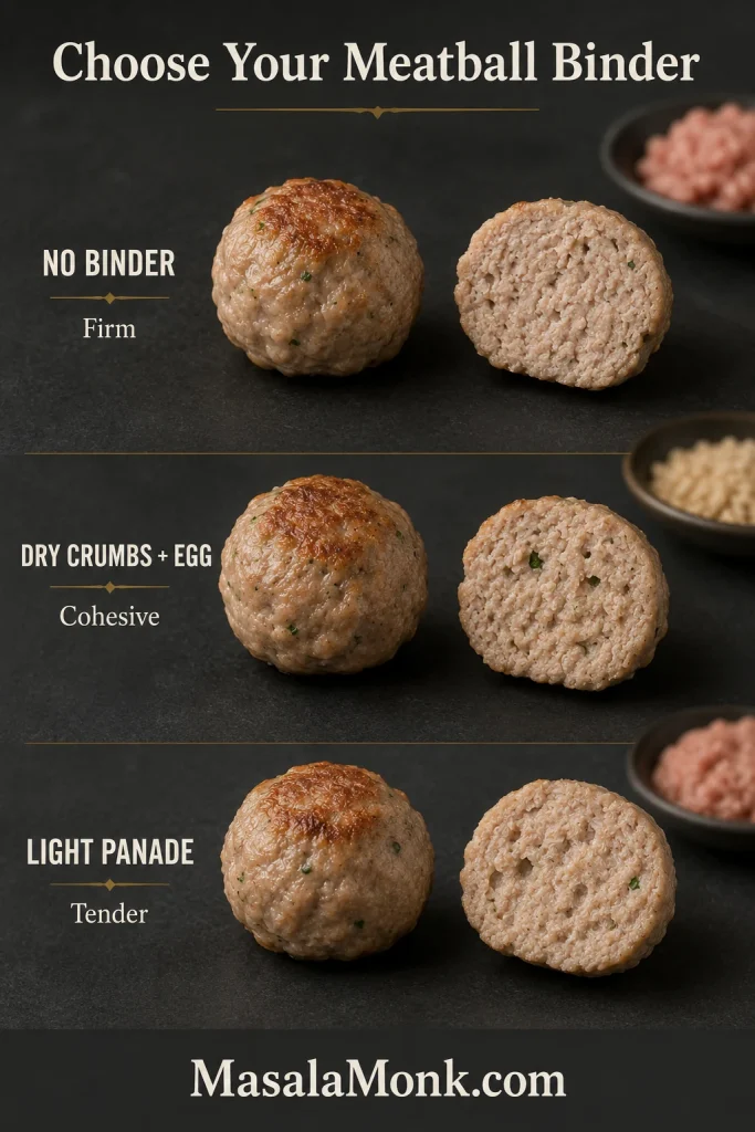 Three cooked pork meatballs compared by binder: no binder, dry crumbs and egg, and light panade, with different interior textures.