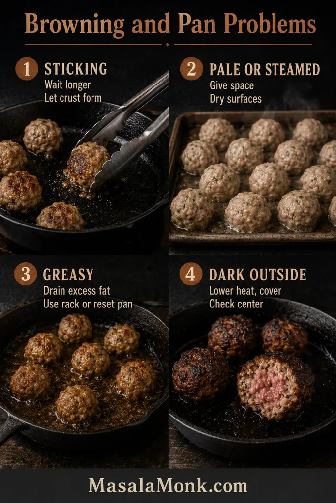 Troubleshooting board showing sticking, pale or steamed meatballs, greasy meatballs, and dark outside meatballs with an undercooked center.
