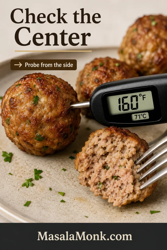 Instant-read thermometer inserted through the side of a cooked pork meatball, reading 160°F and 71°C, with a split meatball nearby.
