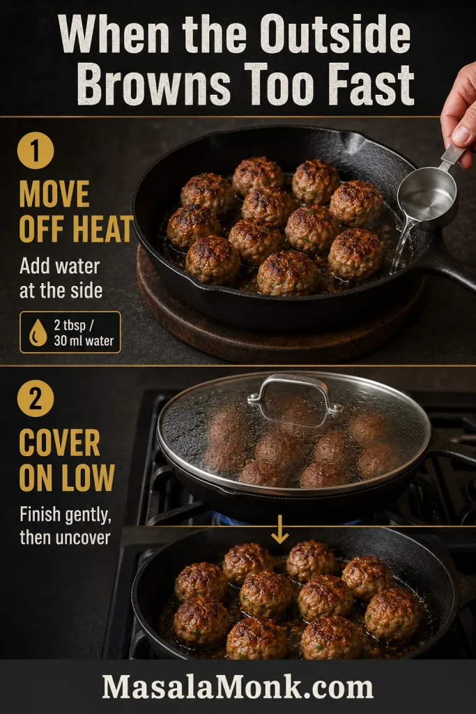 Two-step skillet guide showing browned pork meatballs moved off direct heat, water added at the side, and the pan covered on low heat.