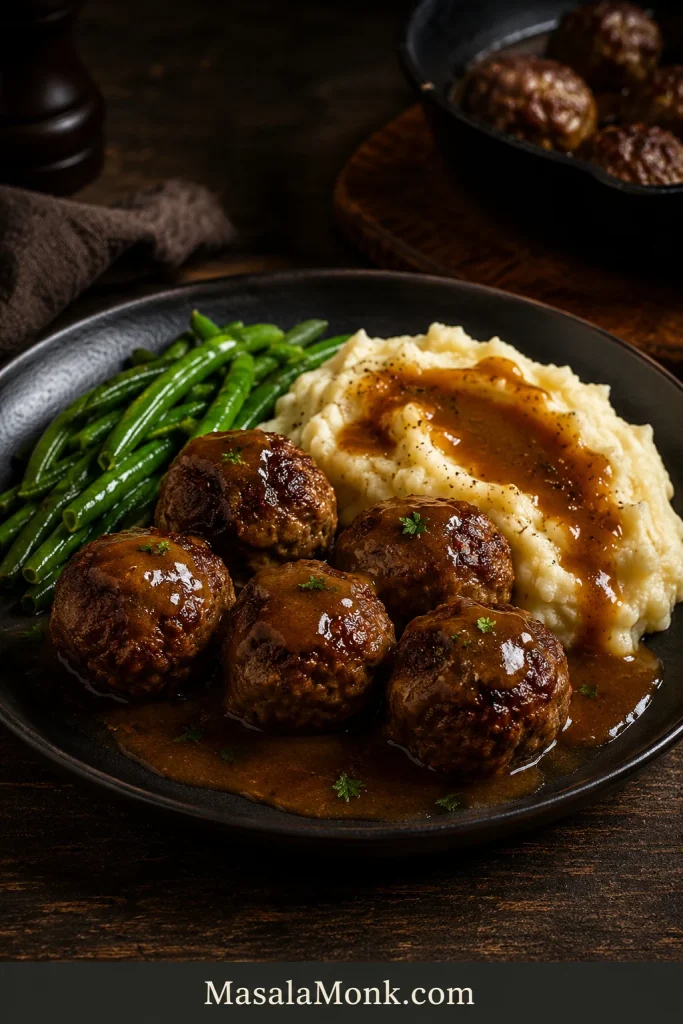 Pork meatballs with brown gravy, mashed potatoes, and green beans on a dark plate.