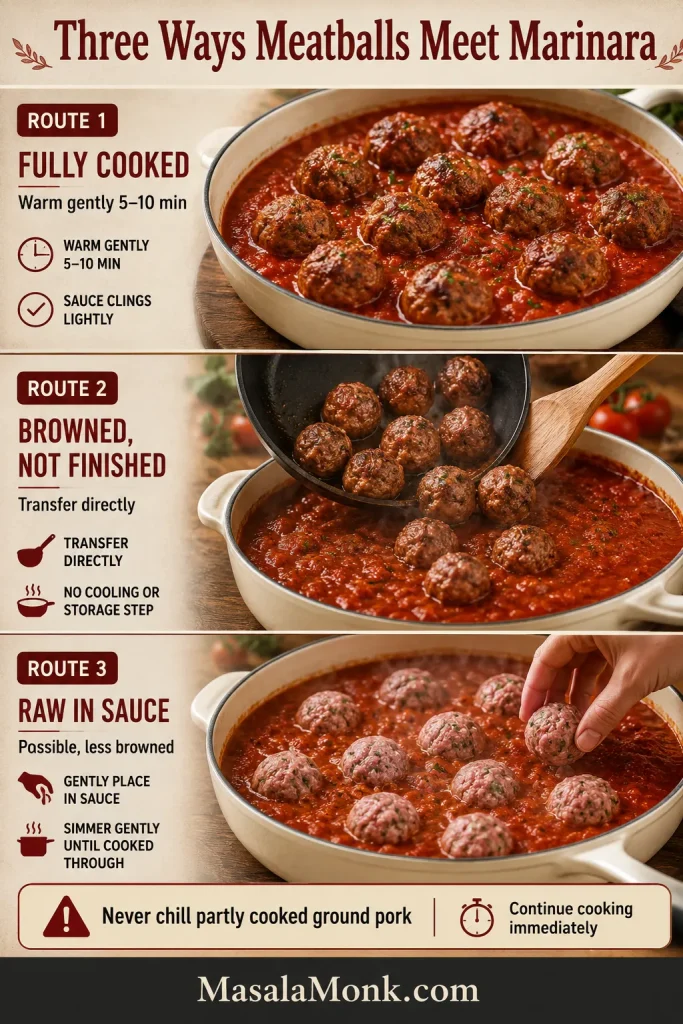 Three-route marinara guide showing fully cooked meatballs warmed in sauce, browned unfinished meatballs transferred to sauce, and raw meatballs placed in sauce.