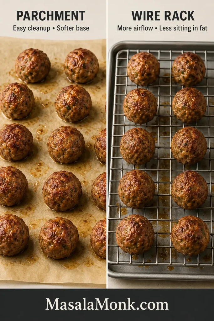 Side-by-side comparison of baked pork meatballs on parchment and on a wire rack set over a sheet pan.