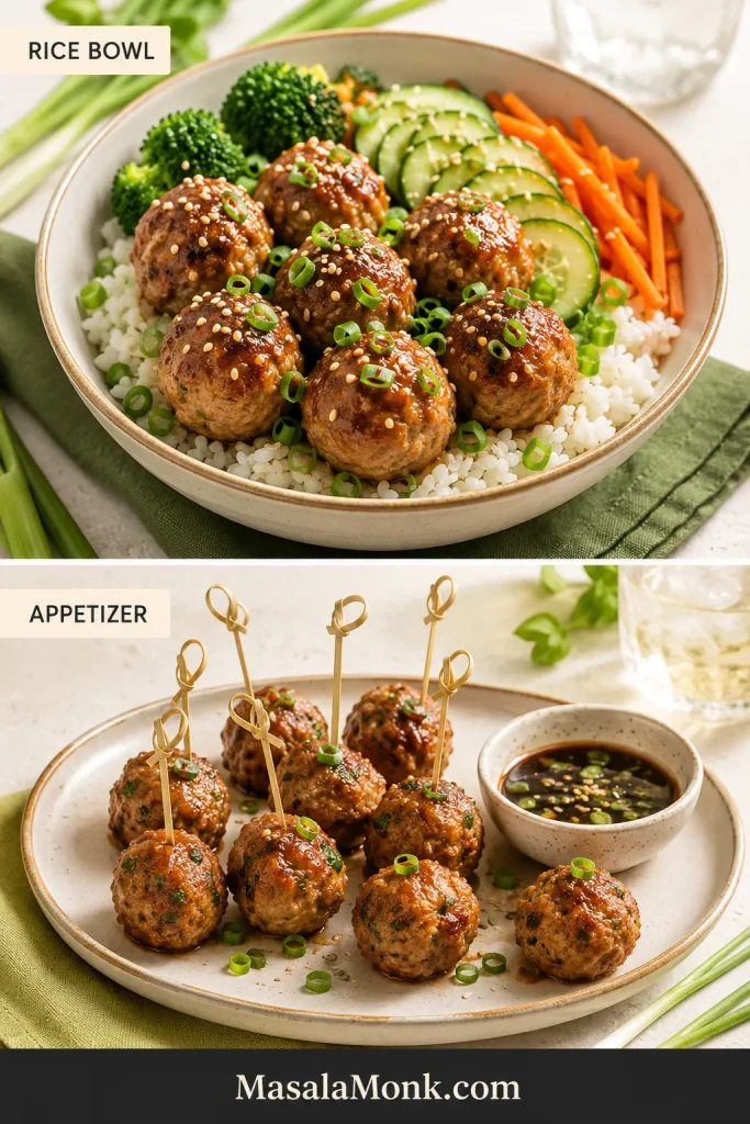Two serving ideas showing pork meatballs in a rice bowl with vegetables and mini meatballs on an appetizer platter with dipping sauce.