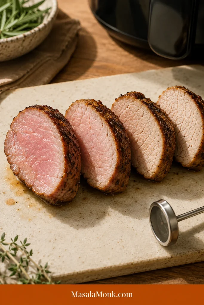Four pork tenderloin slices arranged from pink and moist to pale and firmer, with a meat thermometer nearby.