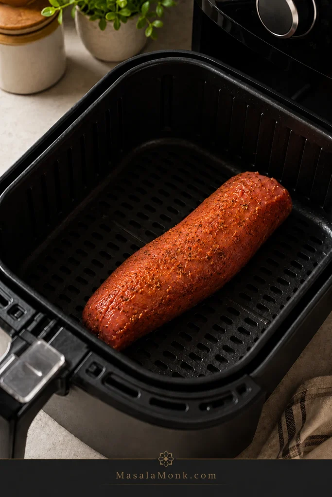 Seasoned raw pork tenderloin placed inside an air fryer basket with clear space around it.
