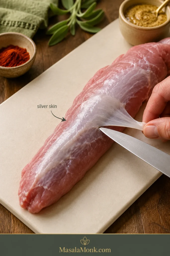 Raw pork tenderloin on a cutting board with silver skin being lifted and trimmed with a knife.