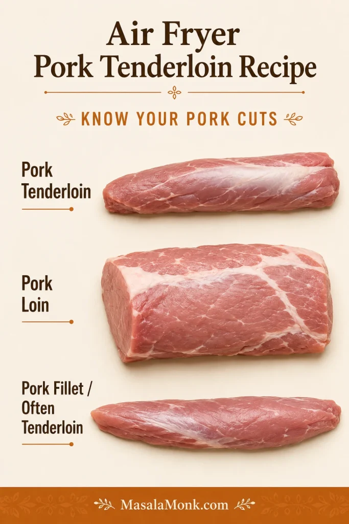 Comparison image showing pork tenderloin, pork loin, and pork fillet with different shapes and sizes.