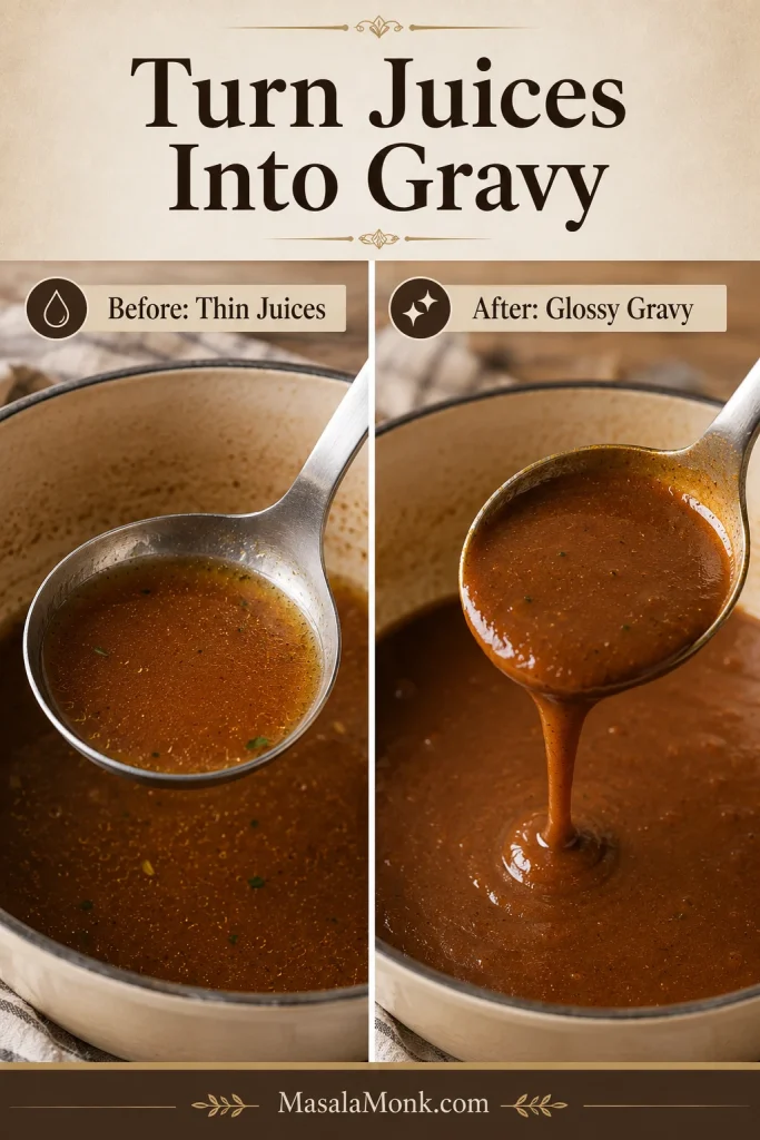 Two-panel pot roast gravy guide showing thin cooking juices before and glossy thick gravy after thickening.