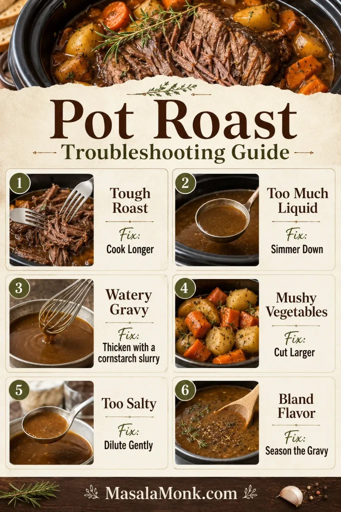 Pot roast troubleshooting guide showing fixes for tough roast, too much liquid, watery gravy, mushy vegetables, salty gravy, and bland flavor.