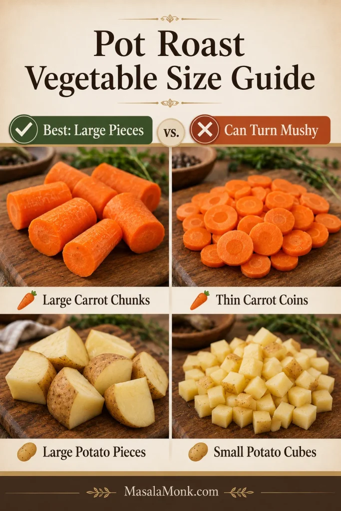 Pot roast vegetable size guide comparing large carrot chunks and potato pieces with smaller pieces that can turn mushy.