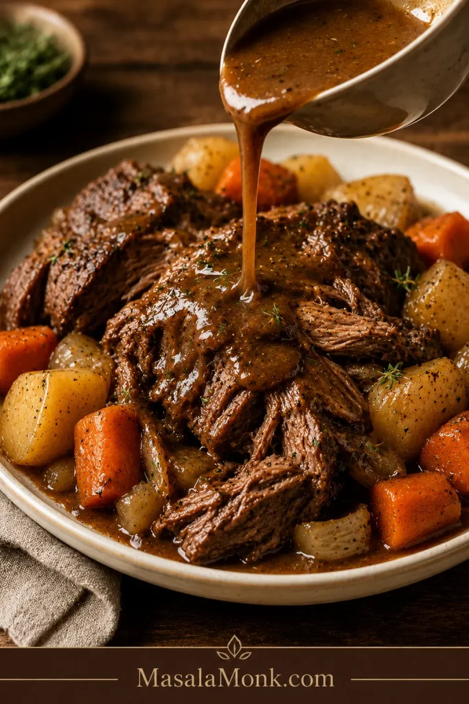 Gravy being poured over tender slow cooker pot roast with carrots and potatoes on a rustic plate.