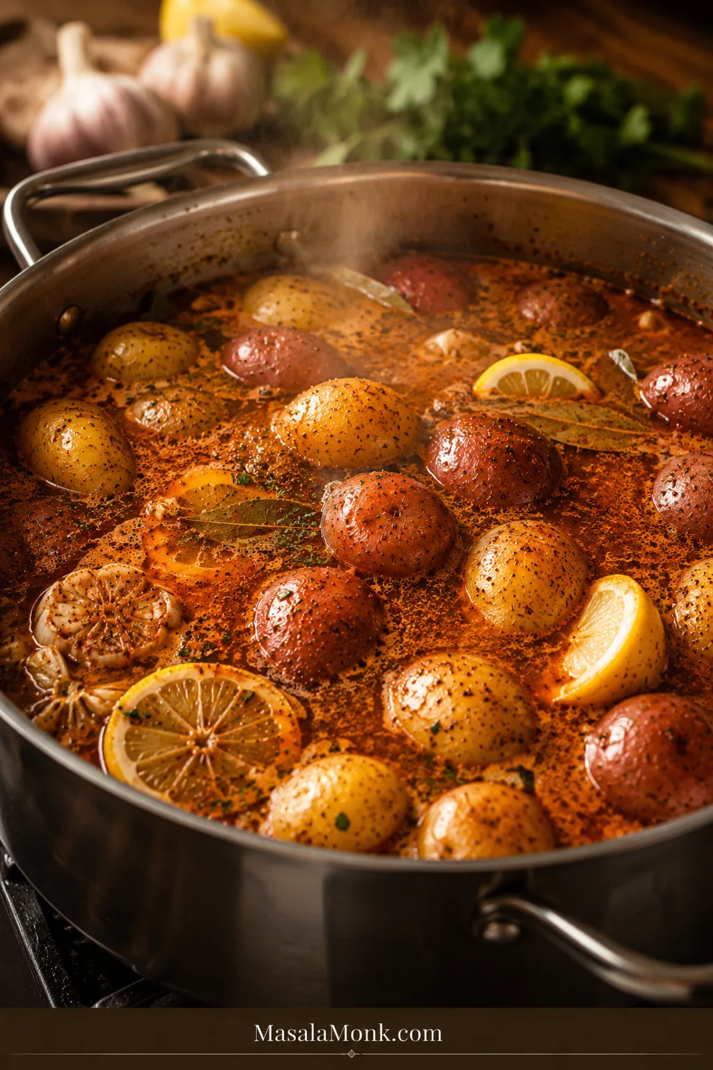 Baby potatoes simmering in Cajun seafood boil broth with steam, garlic, lemon, and bay leaves.
