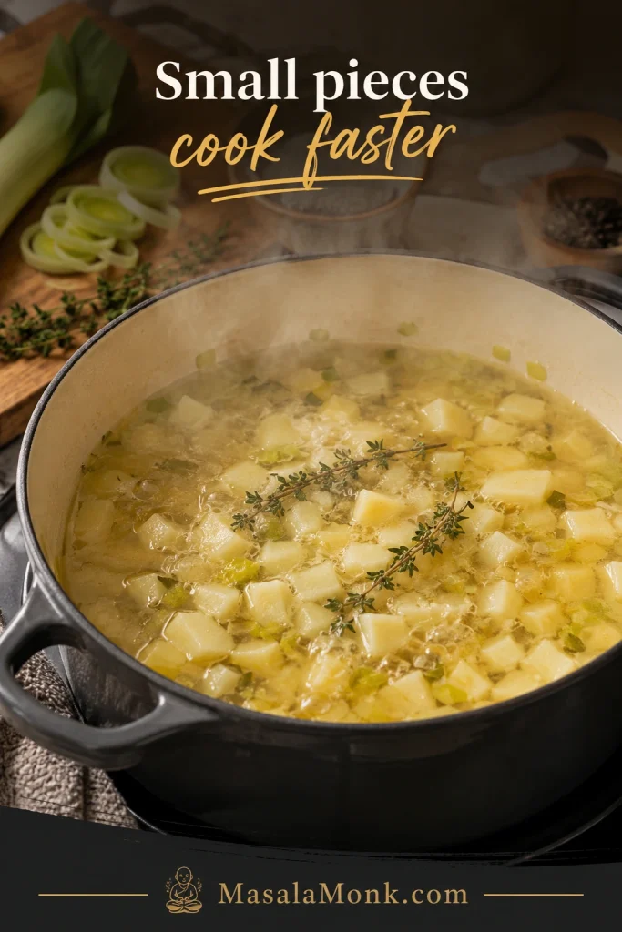 Diced potatoes simmering with leek and thyme in a pot, with the text “Small pieces cook faster.”