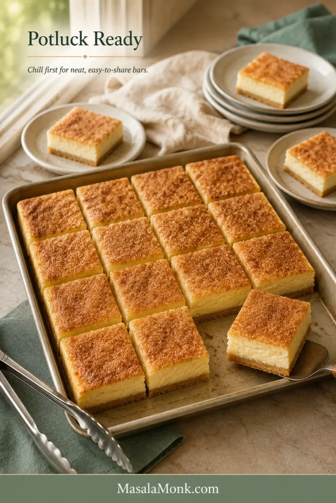 Neatly cut chilled Sopapilla Cheesecake bars arranged on a serving tray with small dessert plates nearby.
