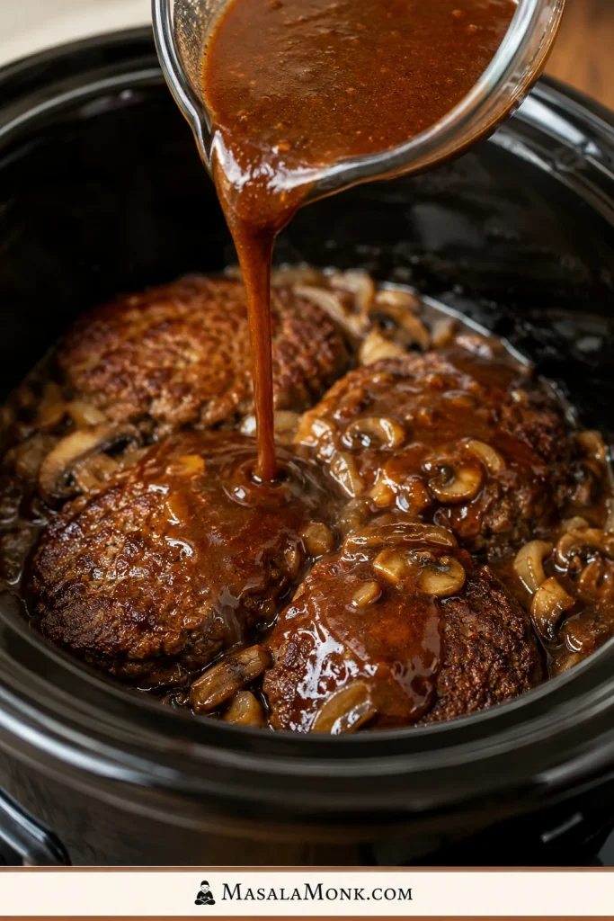 Brown gravy being poured from a glass measuring cup over Salisbury steak patties in a slow cooker.